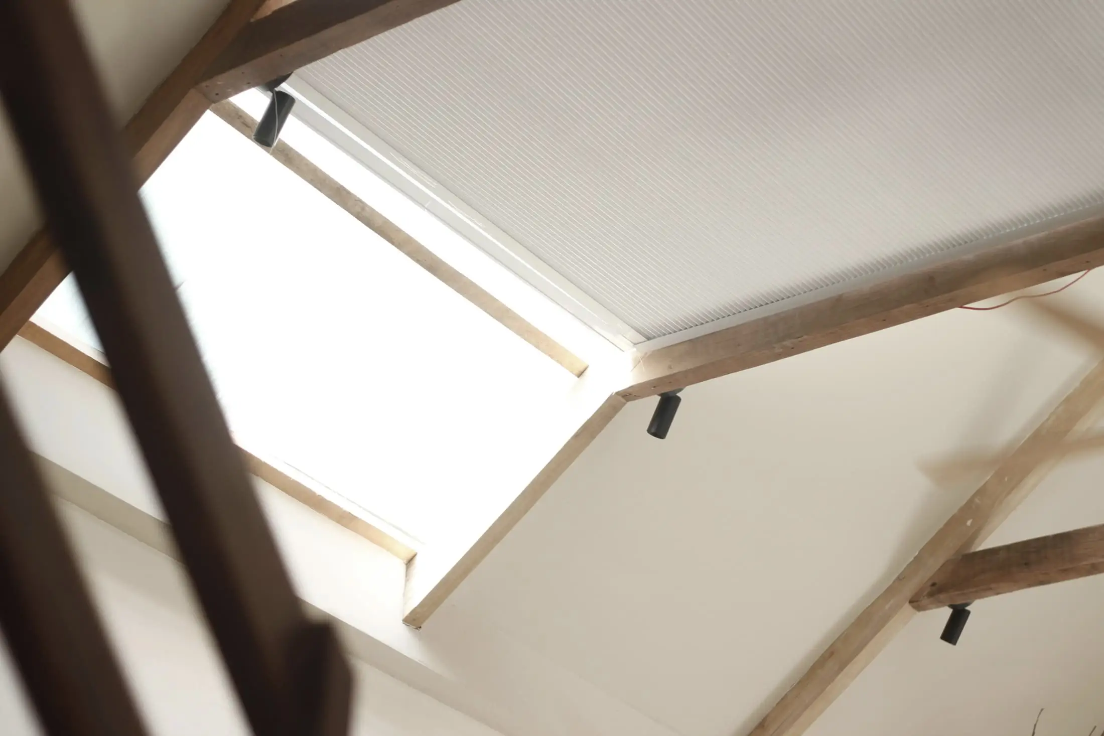 A white sloping ceiling with a rooflight set between timber rafters.