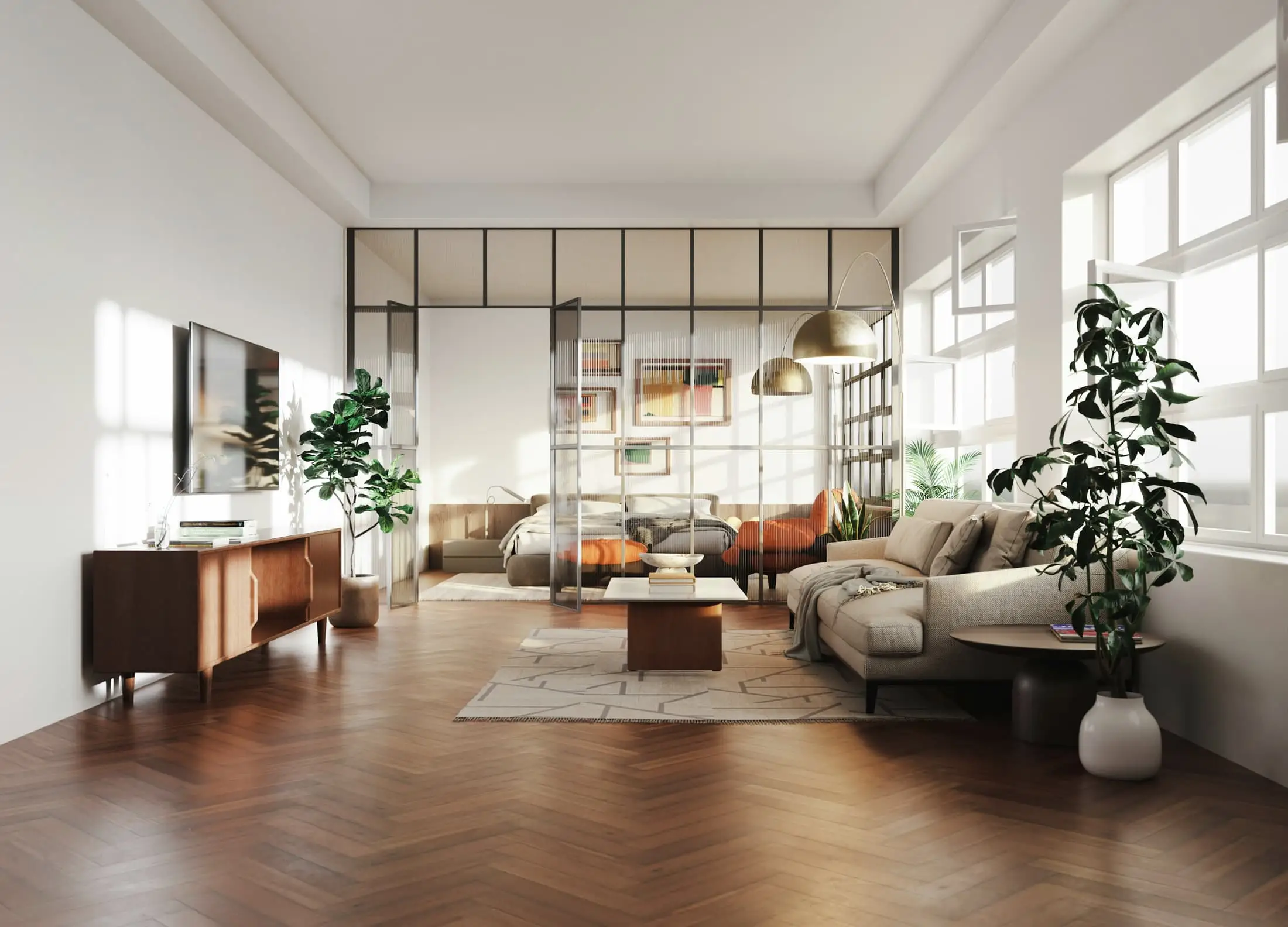 A long living room with white walls, tall windows and a glazed steel screen.