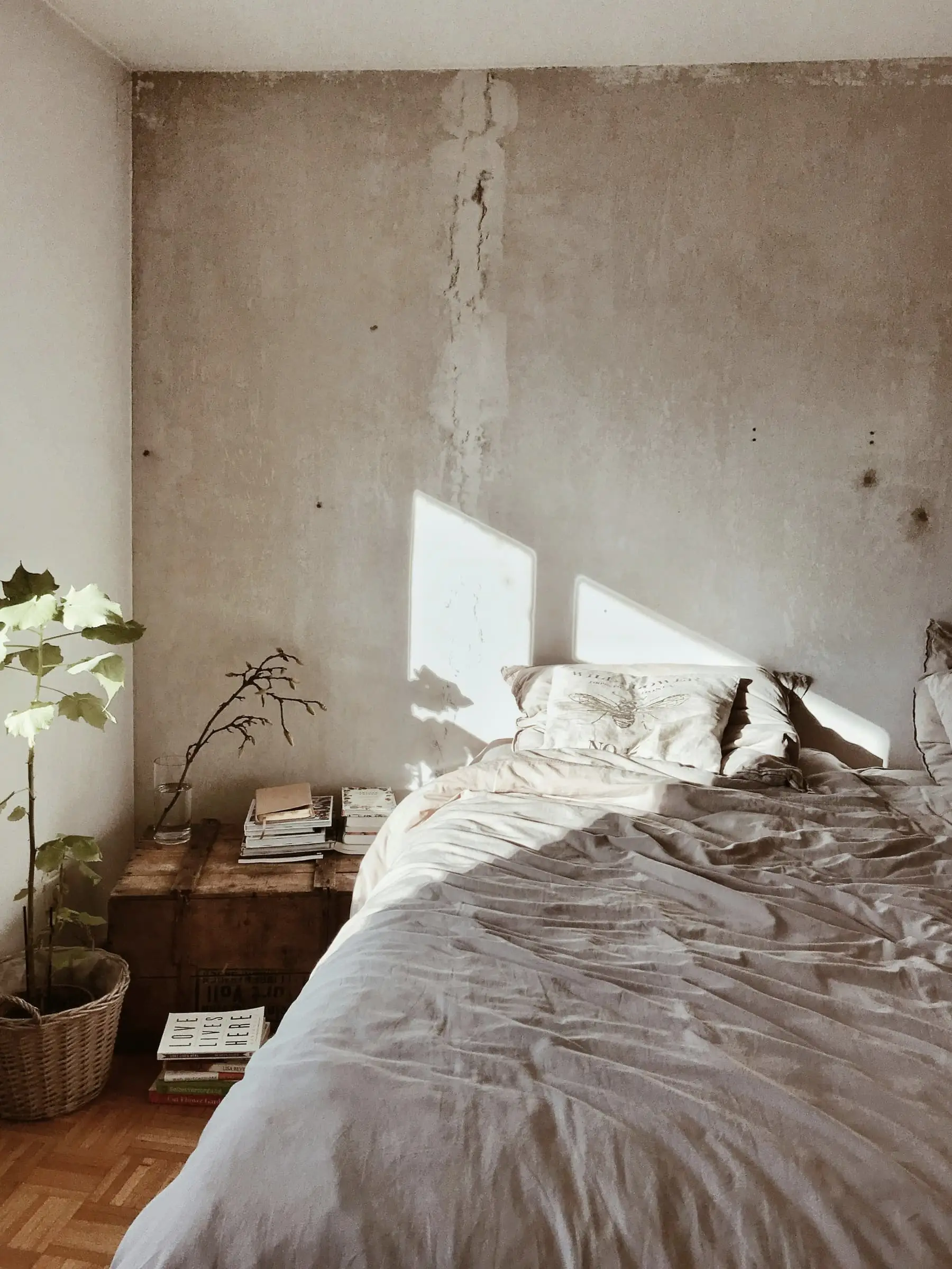 A bed with crumpled linen against a raw, patchy plaster wall in morning light.