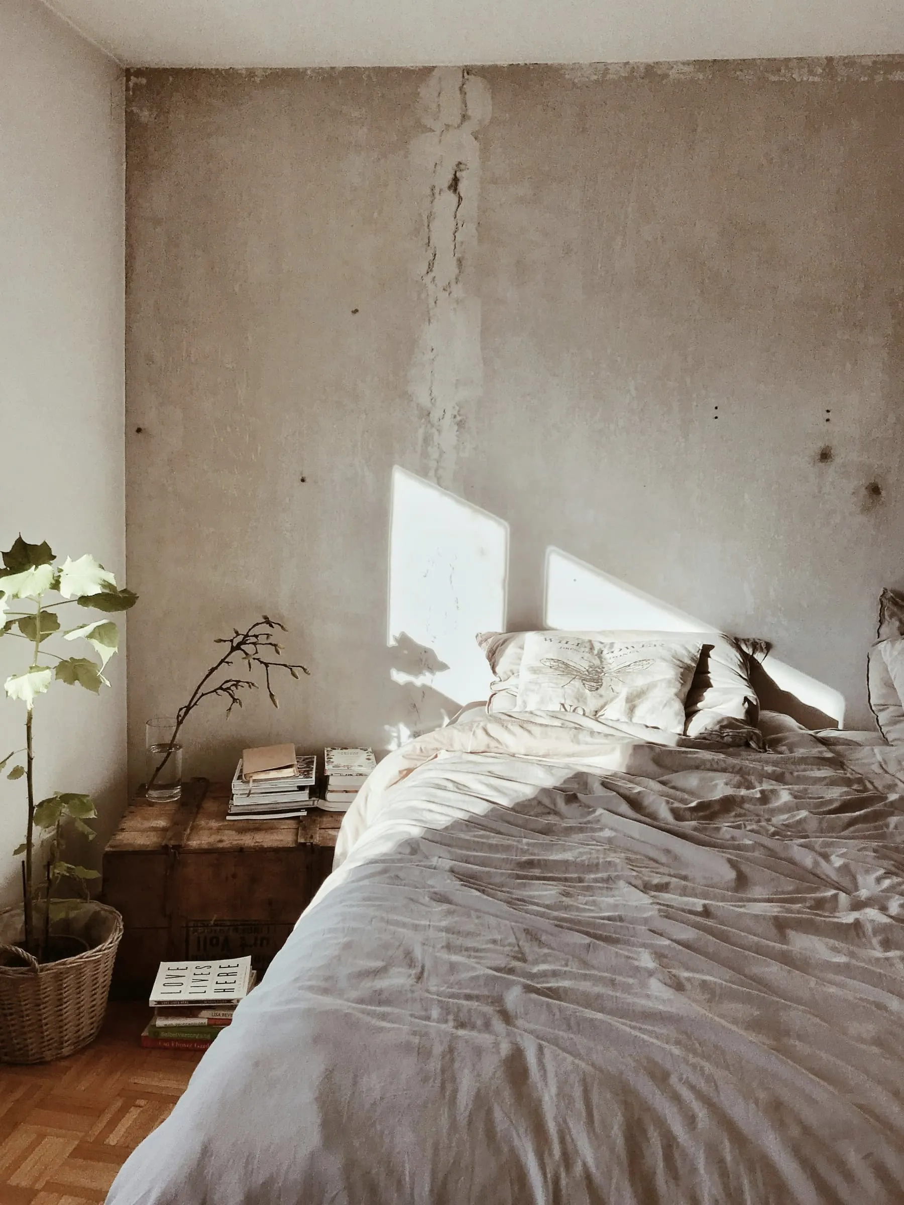 A bed with crumpled linen against a raw, patchy plaster wall in morning light.