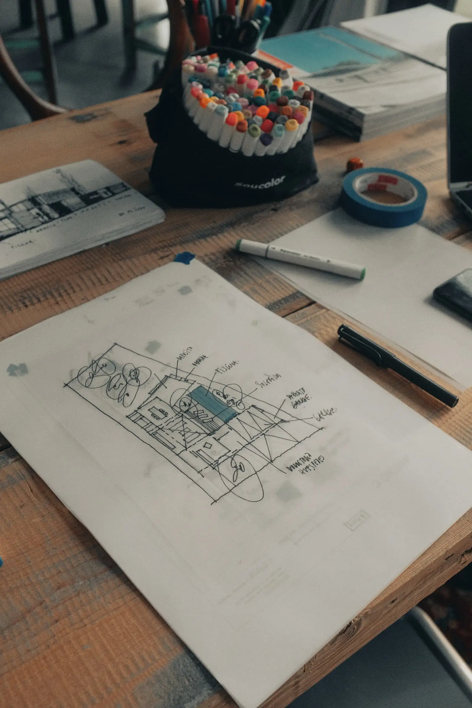 A pencil drawing of a building plan on paper, with pens and a rule on a wooden desk.